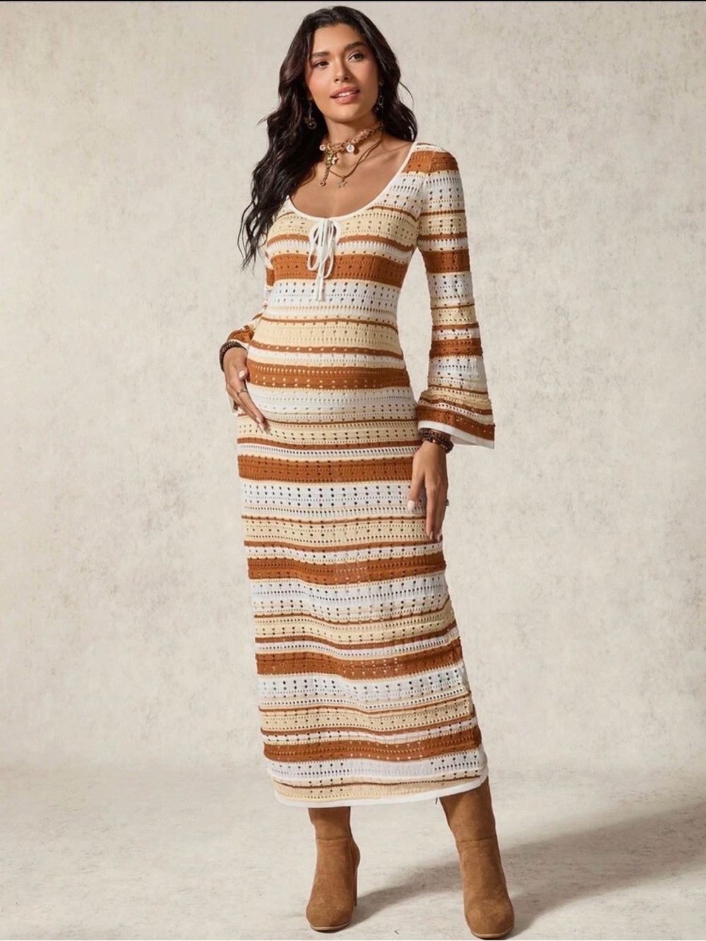 SHEIN Maternity Striped Crochet Maxi Dress in White and Brown